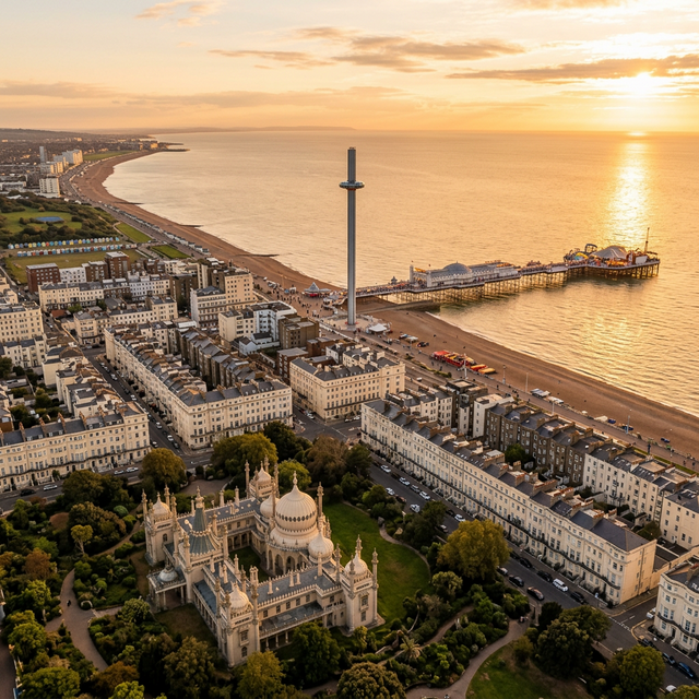 Aerial view of Brighton seafront and Royal Pavilion at golden hour